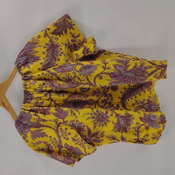 J. Crew Top Size XXL Yellow Floral Print Short Sleeve Tie Front Cotton - Picture 5 of 5